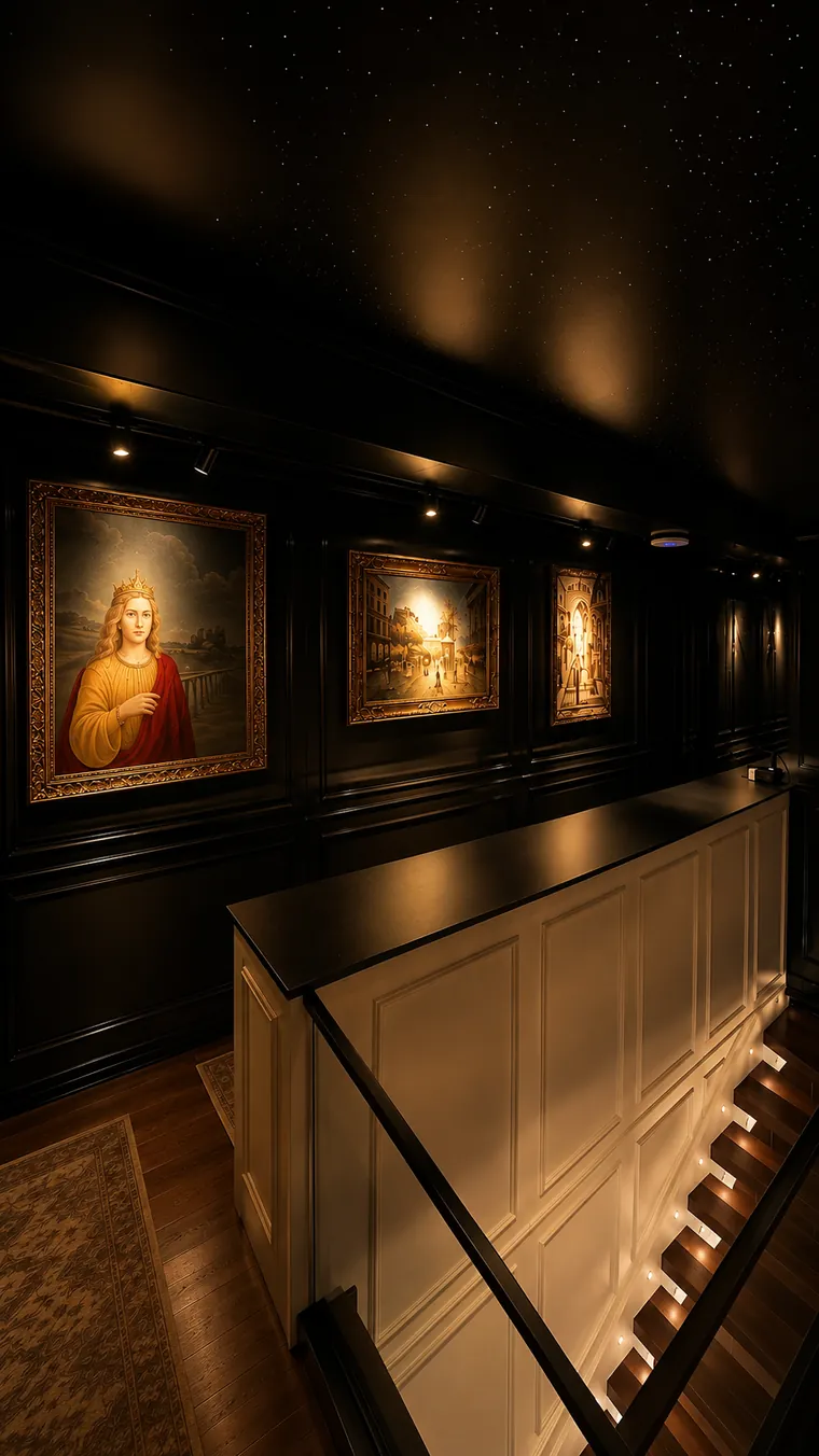 Paintings lit along the panelled corridor beneath a starlit ceiling at Lusso, Prishtina