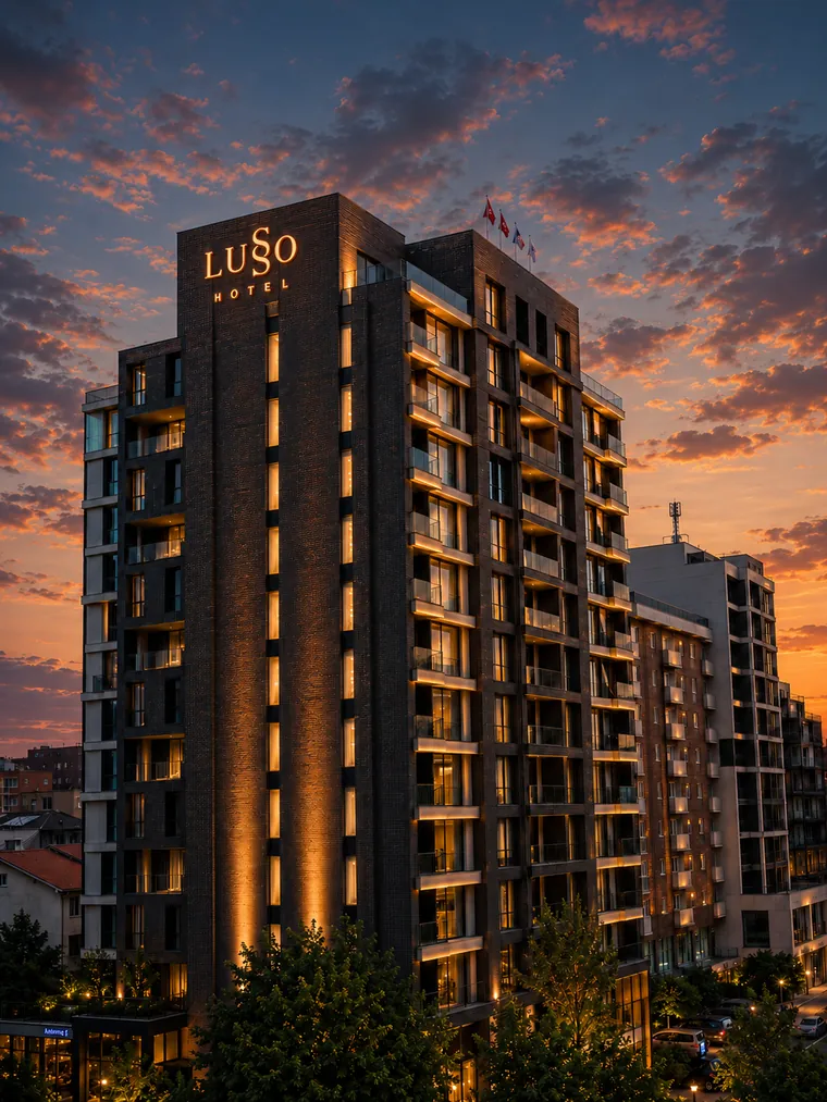IVY Tower at sunset with the illuminated Lusso Hotel sign on the top floors, Prishtina