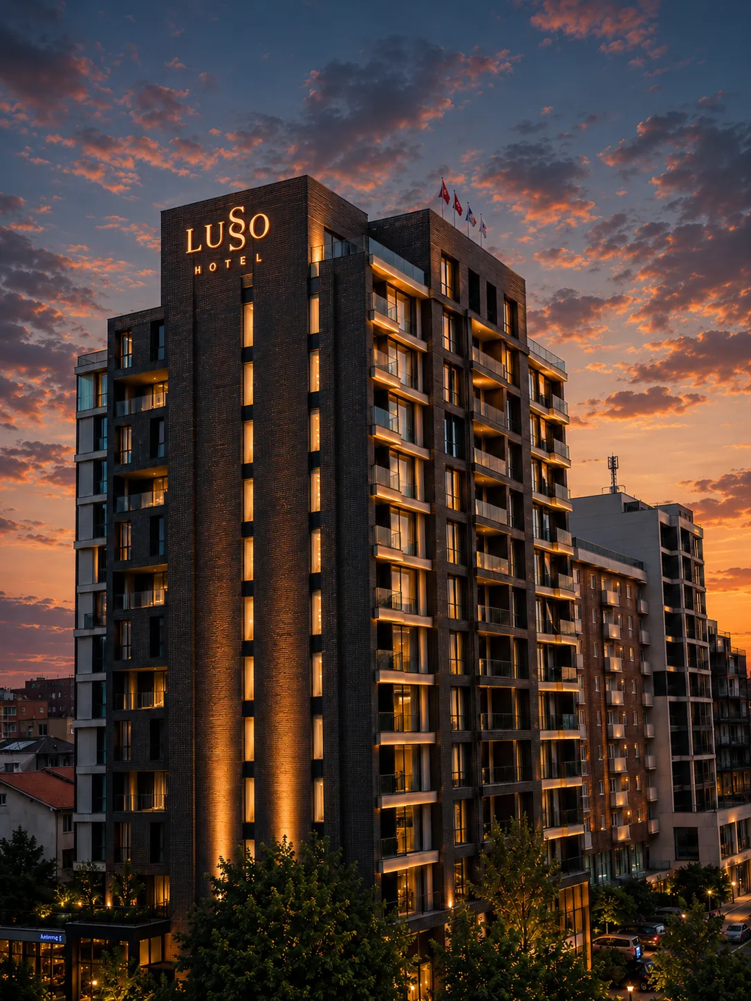 IVY Tower at sunset, with the illuminated Lusso Hotel sign on the top floors, Prishtina
