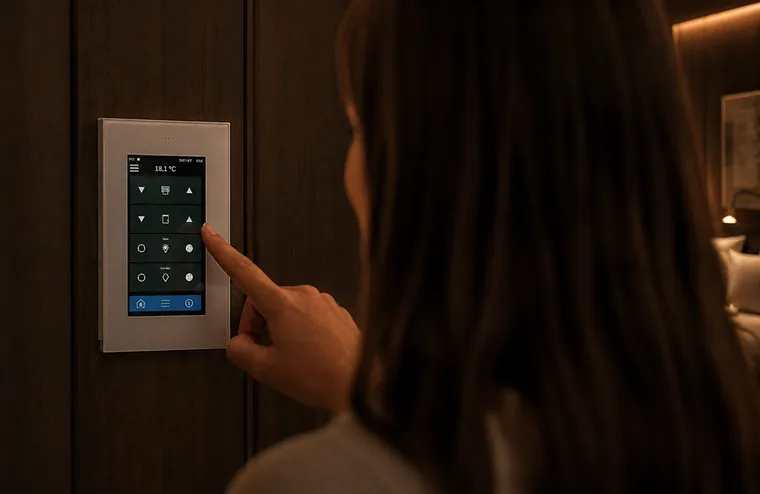 Guest using the in-room smart panel at Lusso boutique hotel Prishtina to set lighting, shades and temperature
