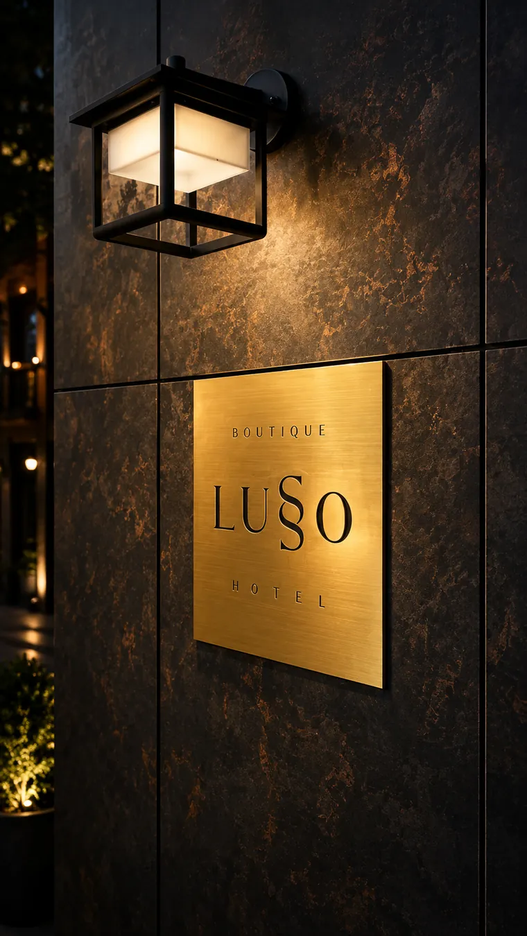 Brass Lusso Boutique Hotel plaque at the lit entrance in Prishtina